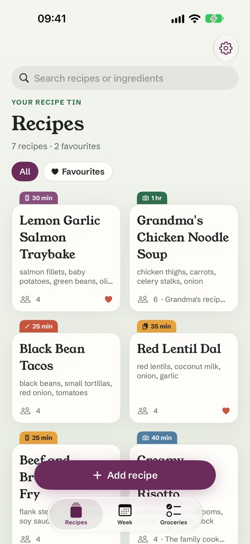 The recipe tin: seven recipes as tabbed cards, with time, servings and favourites