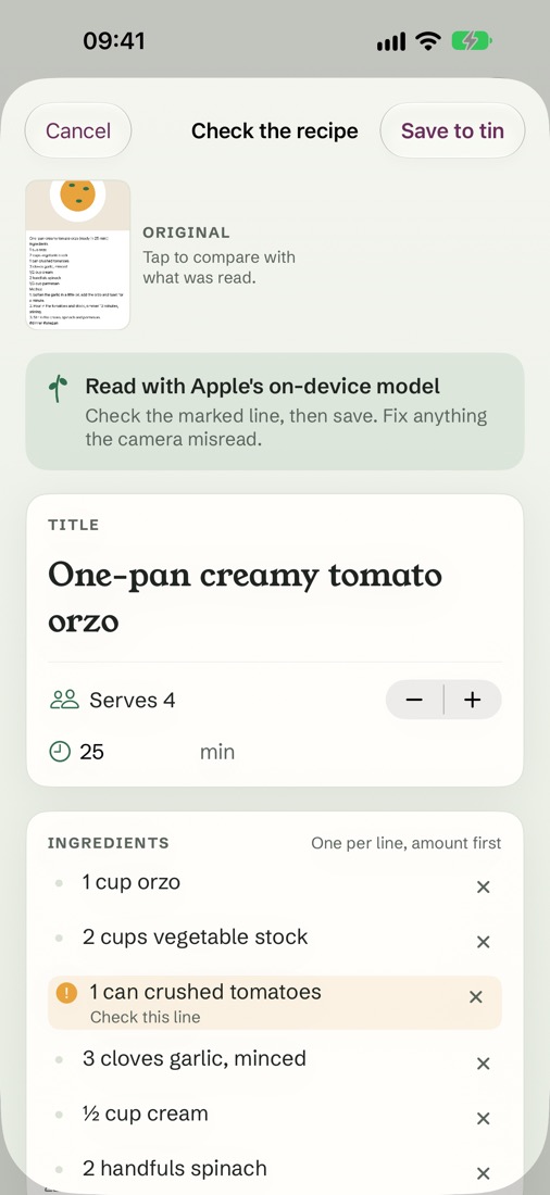 Checking a recipe read from a screenshot: the original picture, the title, ingredients with one line marked to check