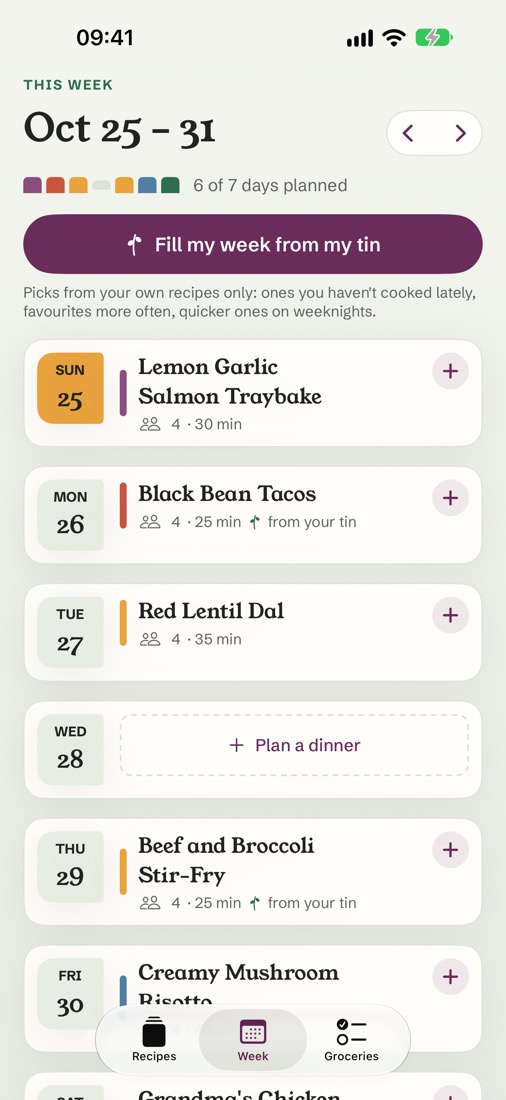 The week as day dividers with a dinner planned on six days and a Fill my week button