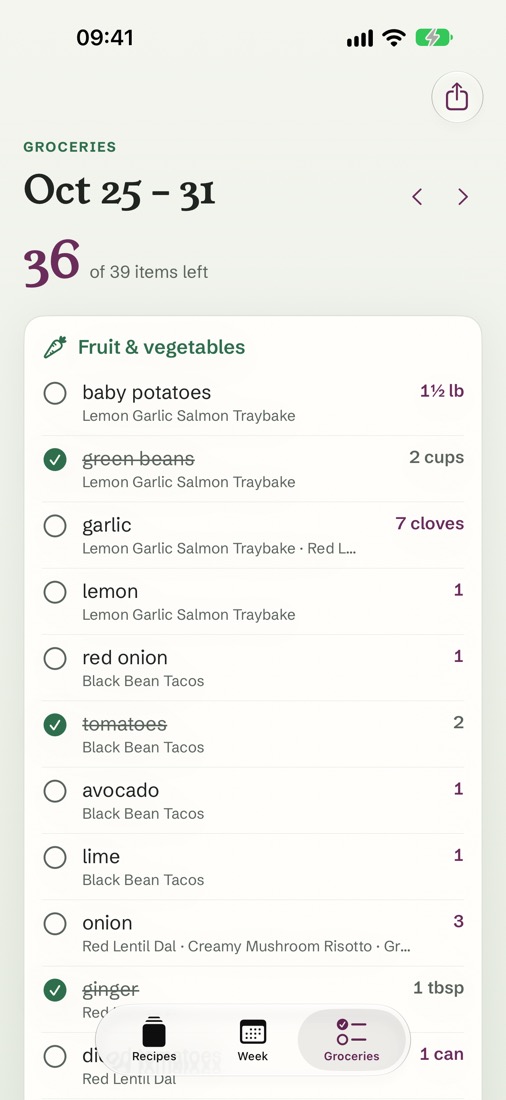 The grocery list for the week, sorted by aisle, with amounts added up and some items ticked