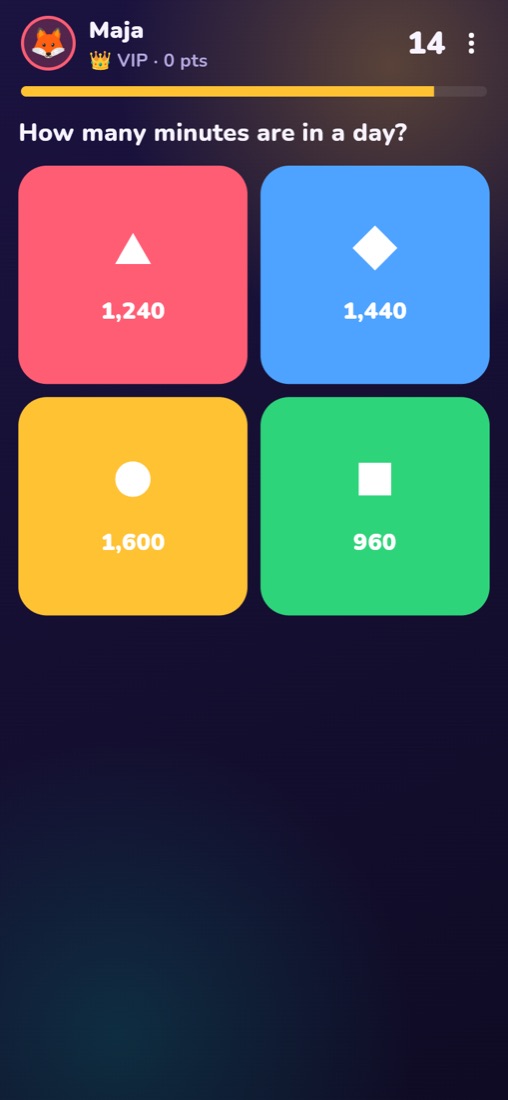 The phone controller during Brain Rush: four big coloured answer buttons