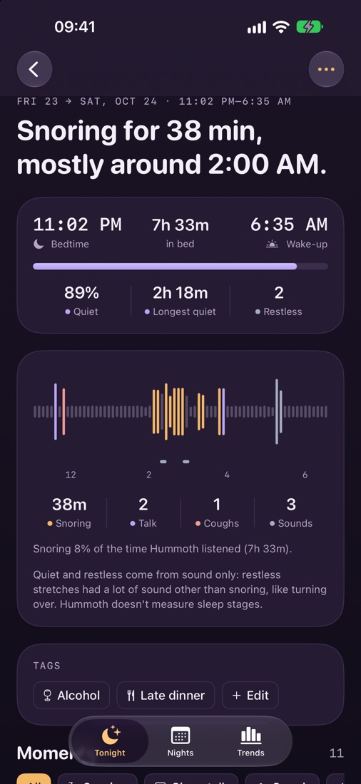 The morning report: bedtime, wake-up, time in bed, how quiet the night was, and snoring for 38 minutes, with the night drawn as a wing of sound bars