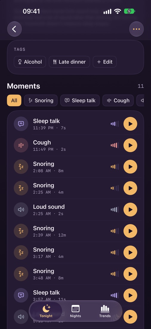 Moments of the night: sleep talk, a cough and snoring episodes, each with a play button