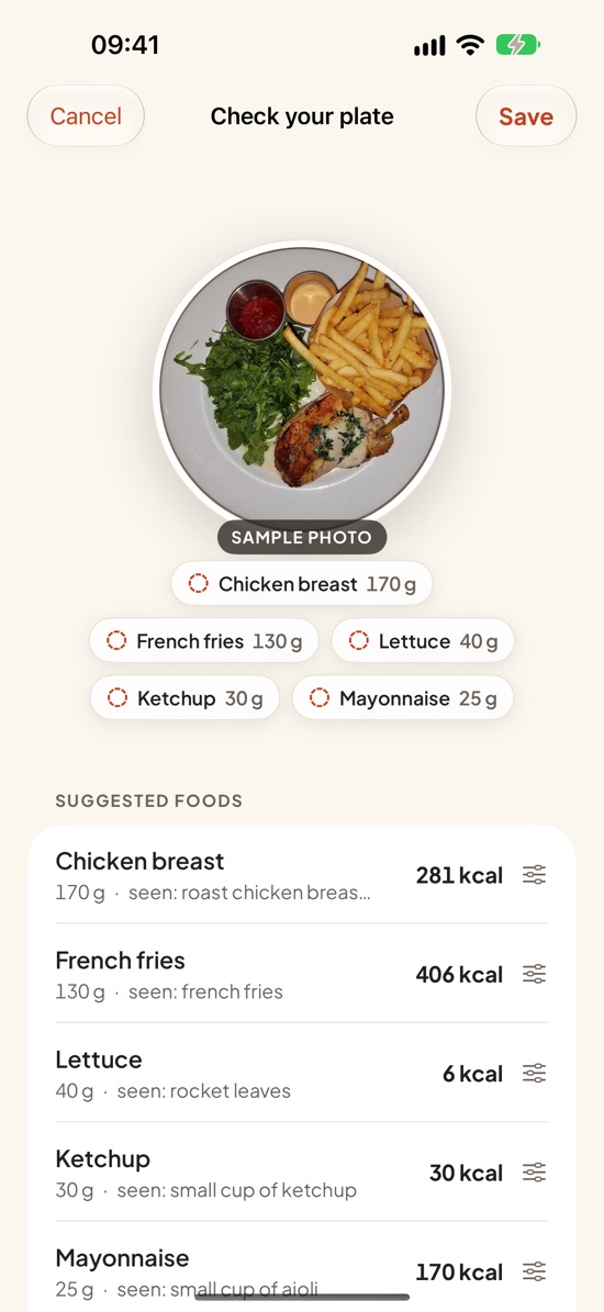 Check your plate: a sample photo of chicken, fries and salad on a round plate, with the suggested foods and their grams listed below for the user to confirm