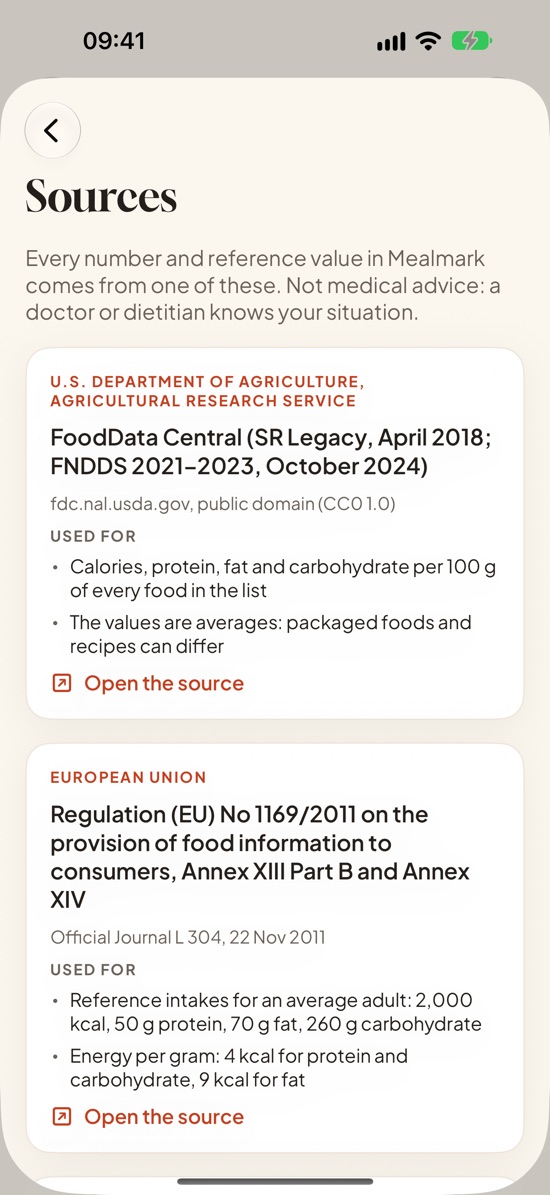 Sources: USDA FoodData Central and Regulation (EU) No 1169/2011, each with what it is used for and a link