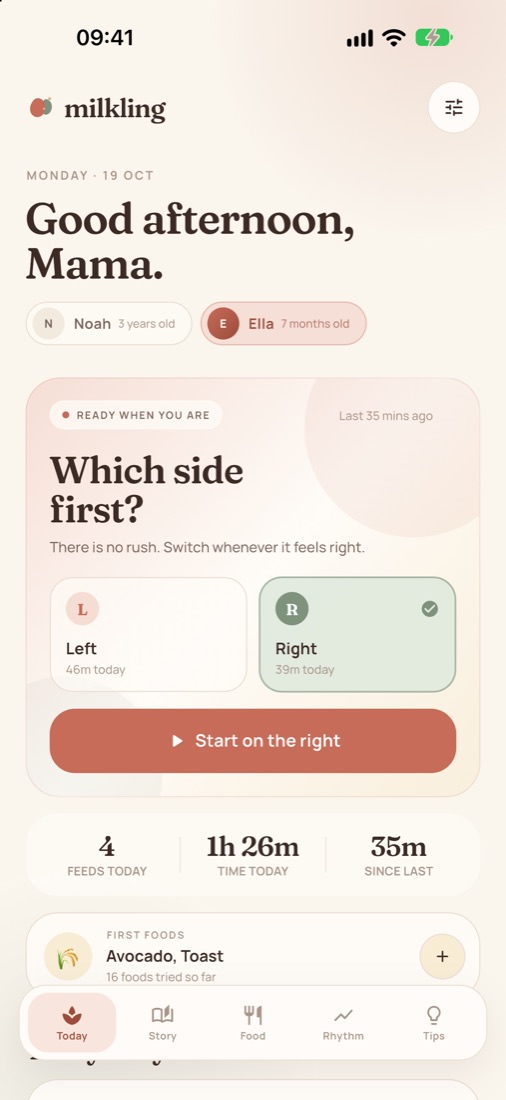 Milkling Today screen: which side first, with time on each side today