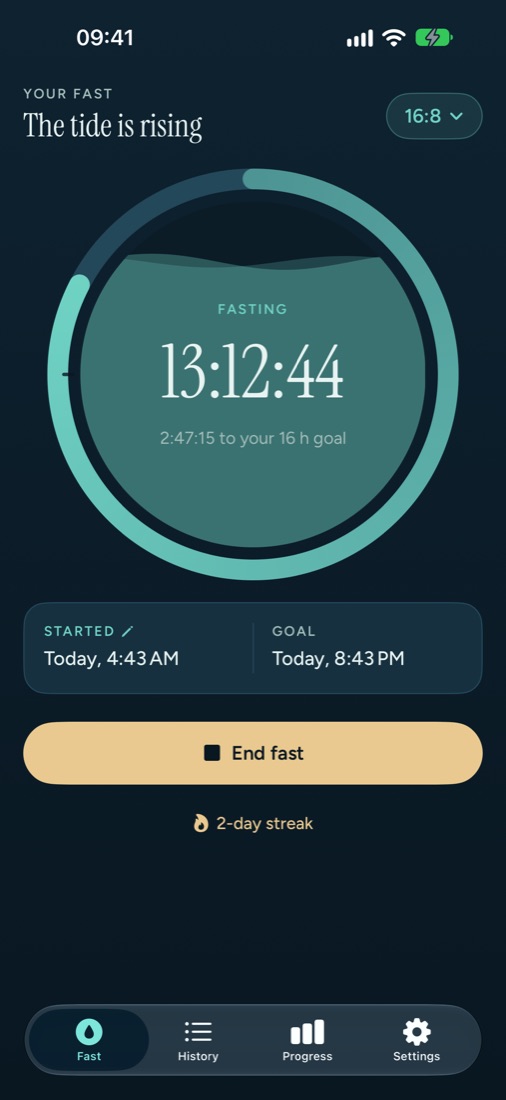 A 16:8 fast at 13 hours: the tide ring is mostly full, with the time left to the goal