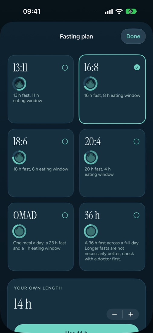 Fasting plans: 13:11, 16:8, 18:6, 20:4, OMAD, 36 hours and custom
