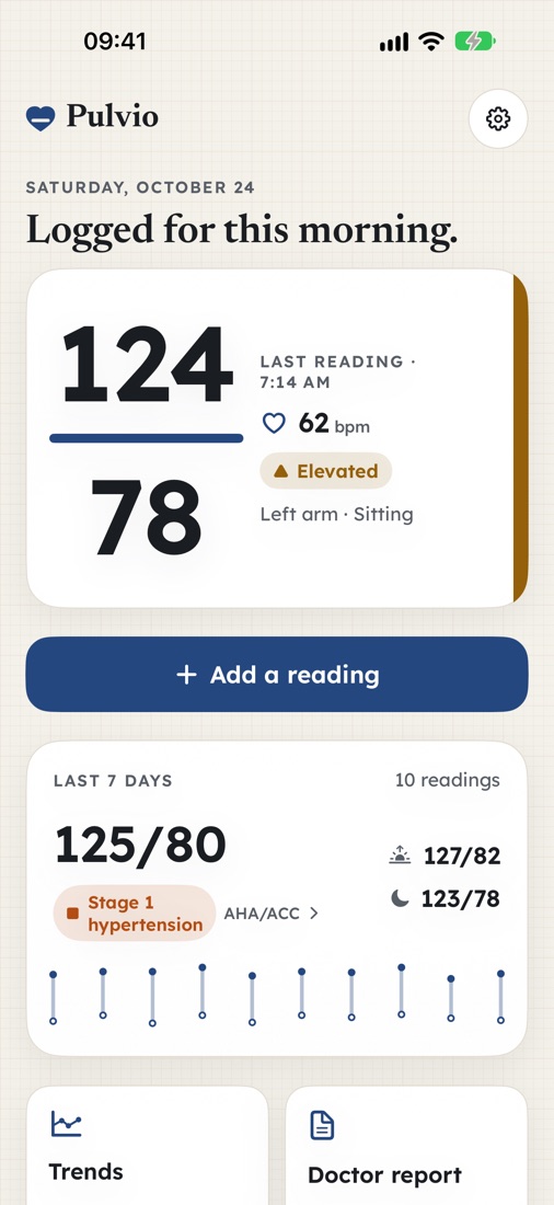Today: the last reading, 124 over 78 with pulse 62, its category, and the 7-day average