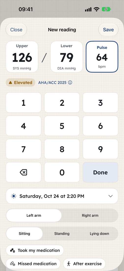 Adding a reading with a large number pad: 126 over 79, pulse 64