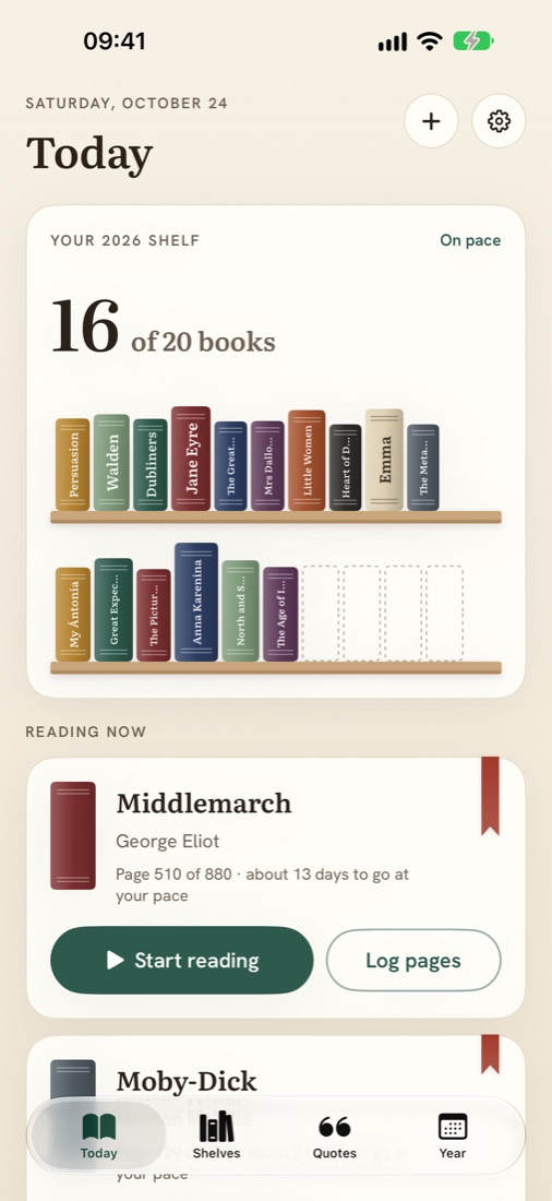 Today: sixteen of twenty books on this year's shelf, and Middlemarch in progress at page 512