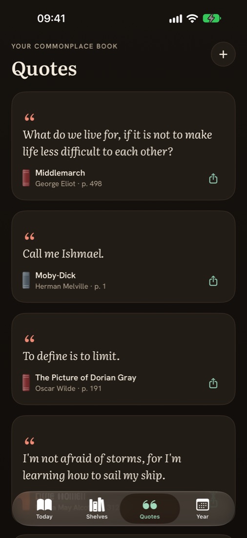 Quotes: lines kept from Middlemarch and Moby-Dick with their page numbers