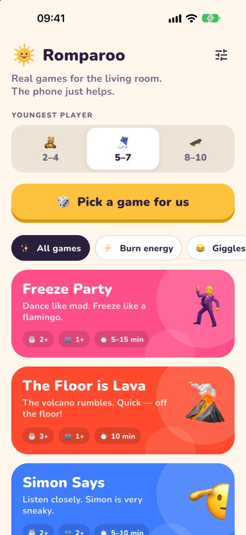 Romparoo home screen: an age switch and colourful game cards