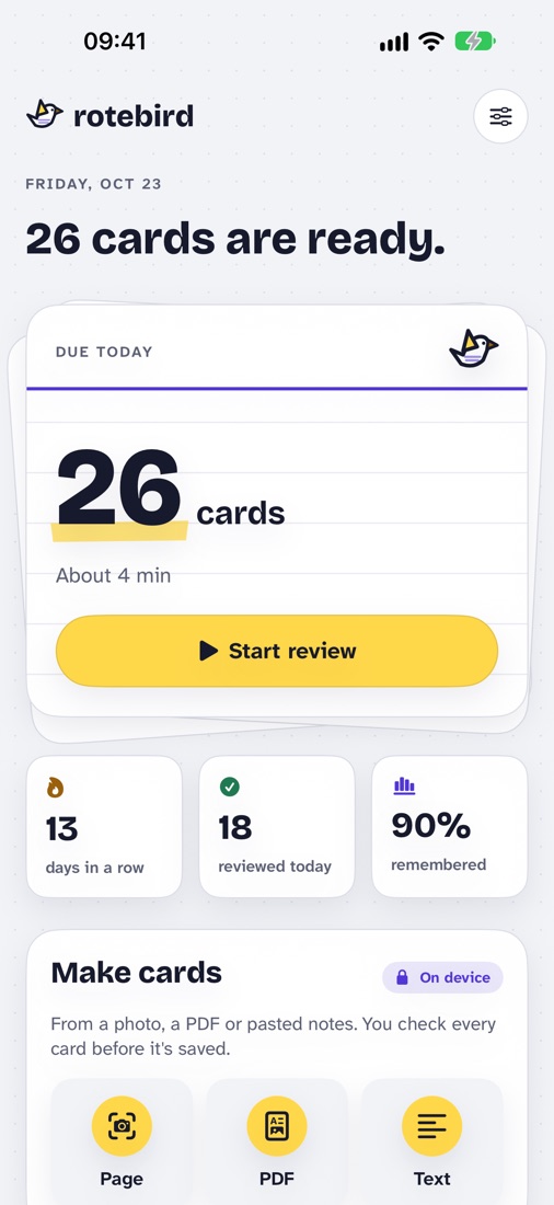 Today: 26 cards are ready, about 4 minutes, a 13-day streak