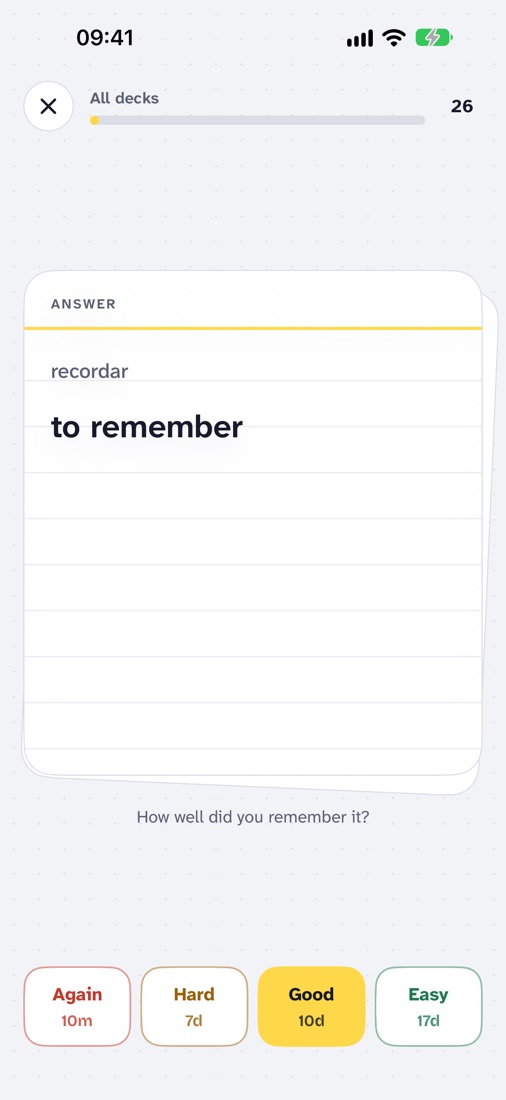 A review card: the answer is shown, with Again, Hard, Good and Easy buttons and their intervals