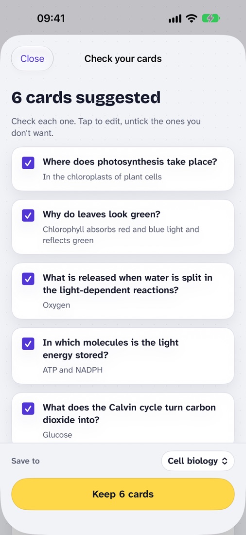 Six suggested cards about photosynthesis, each with a checkbox to keep it