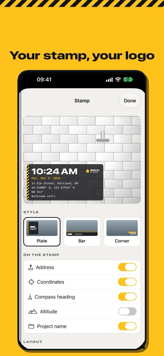 Stamp settings: style, what the stamp shows, position and logo