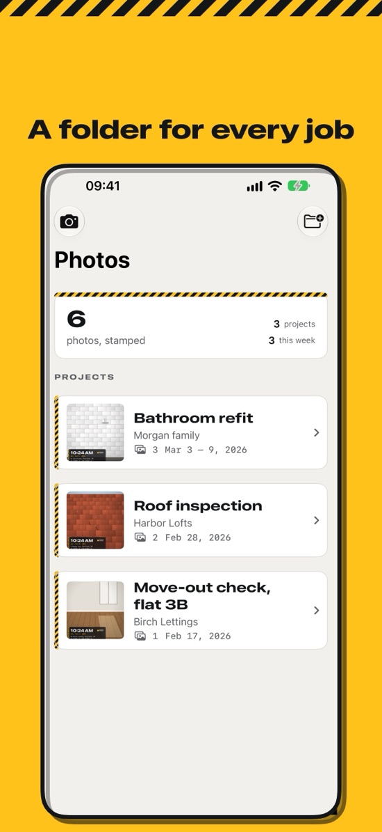Photos sorted into projects: a bathroom refit, a roof inspection and a move-out check