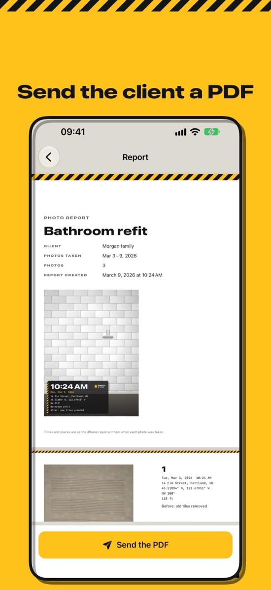 A PDF photo report for the client: a cover with the project and client, then each photo with its details