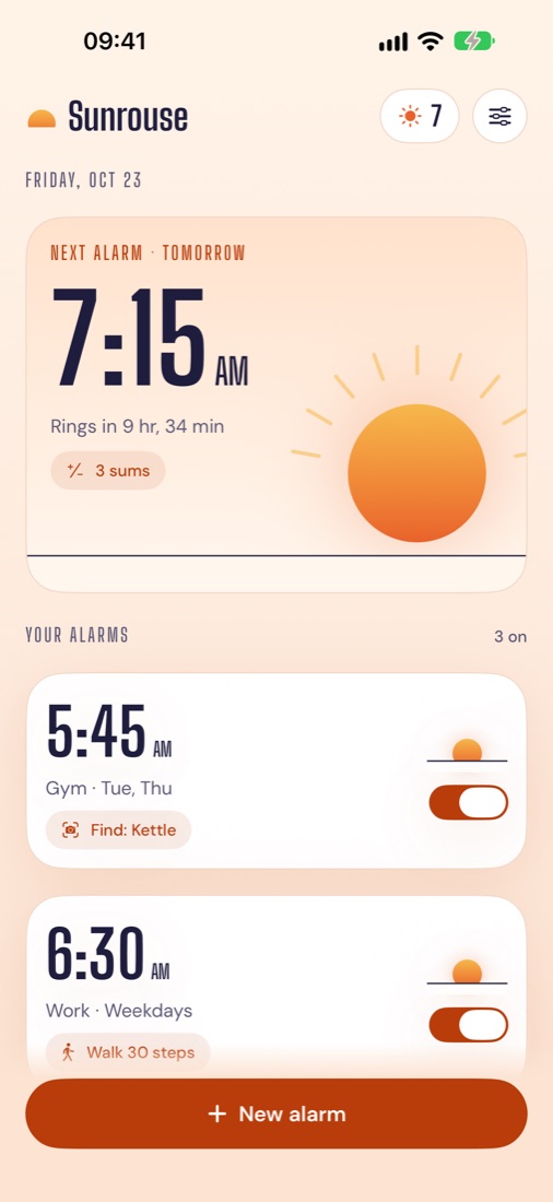 Home: the next alarm at 7:15 over a rising sun, and the list of alarms with their missions