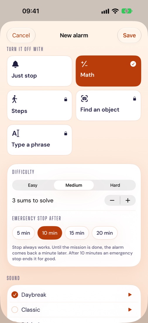 Alarm editor: Just stop and Math are free, Steps, Find an object and Type a phrase are Plus