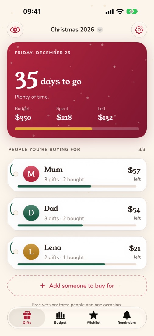 Christmas 2026: 35 days to go, budget, spent and left, and three people as gift tags with what is left for each