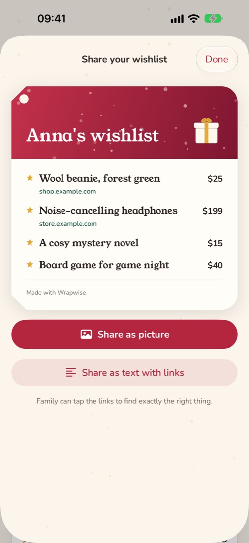 Anna's wishlist as a picture to share, with links and prices